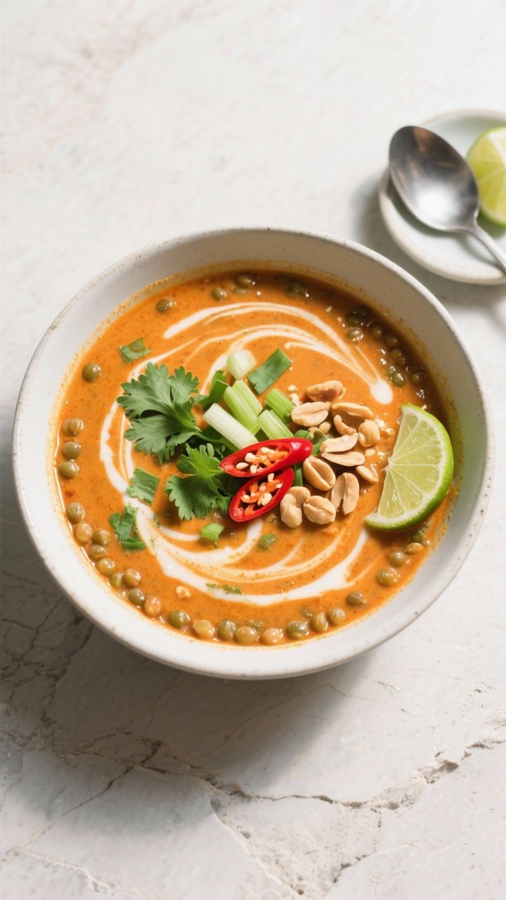 Overhead tasty top view: A wide bowl filled with finished Thai Curry Lentil Soup, surface swirled to