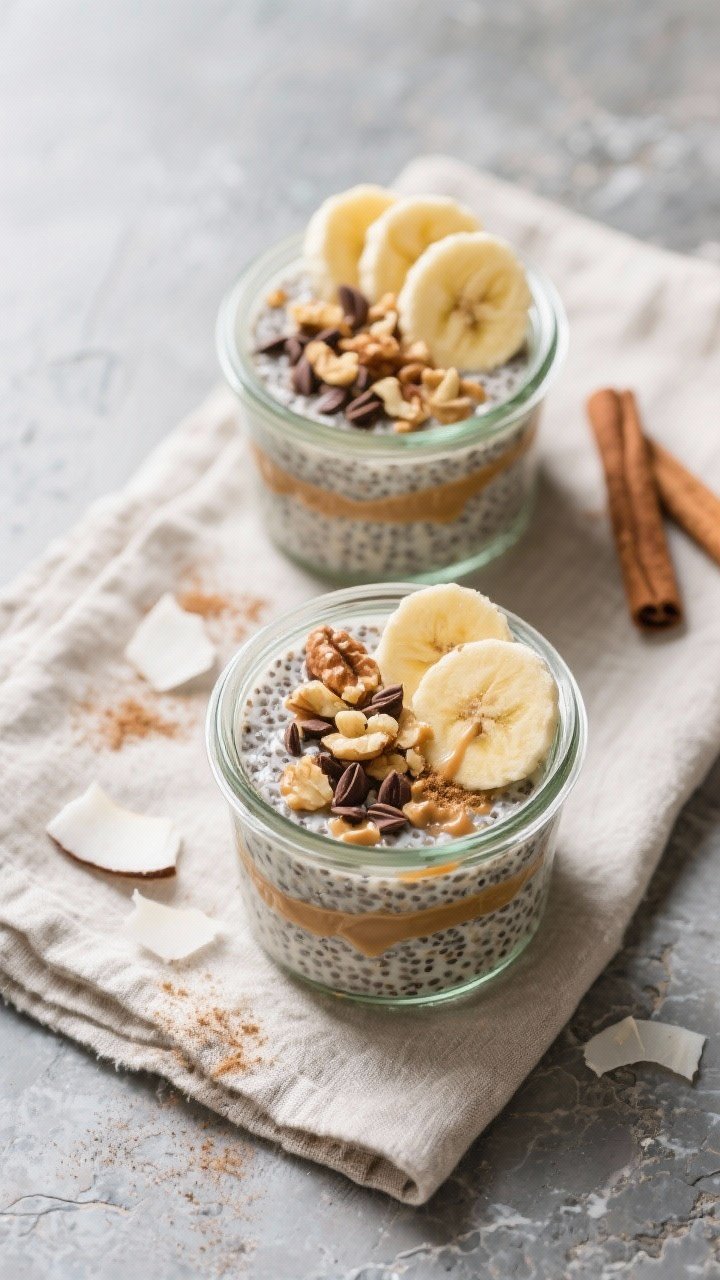 Overhead tasty top view: Final Banana Chia Seed Pudding served in two small jars, topped with neat f