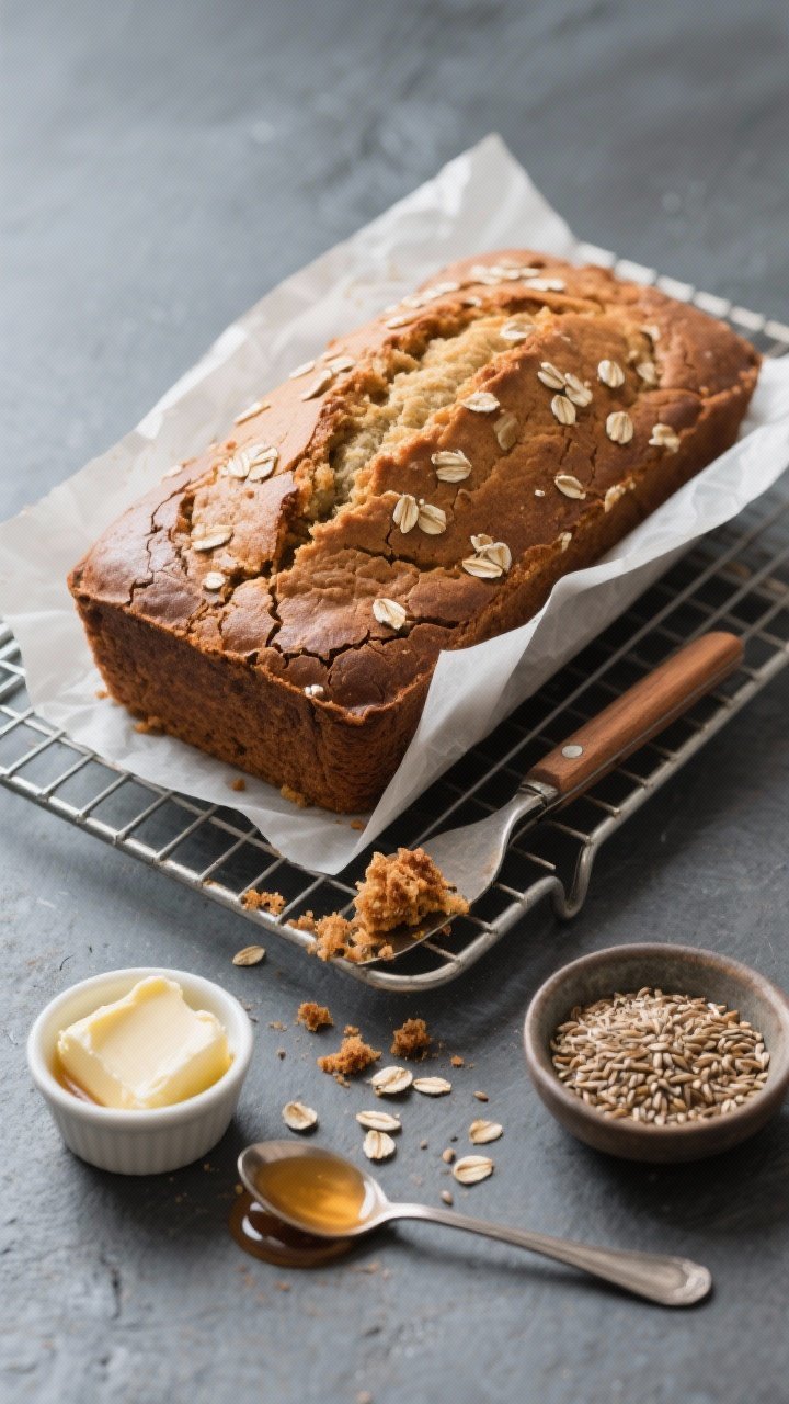 Overhead “tasty top view” shot: The baked loaf cooling on a wire rack, lifted out by parchment o