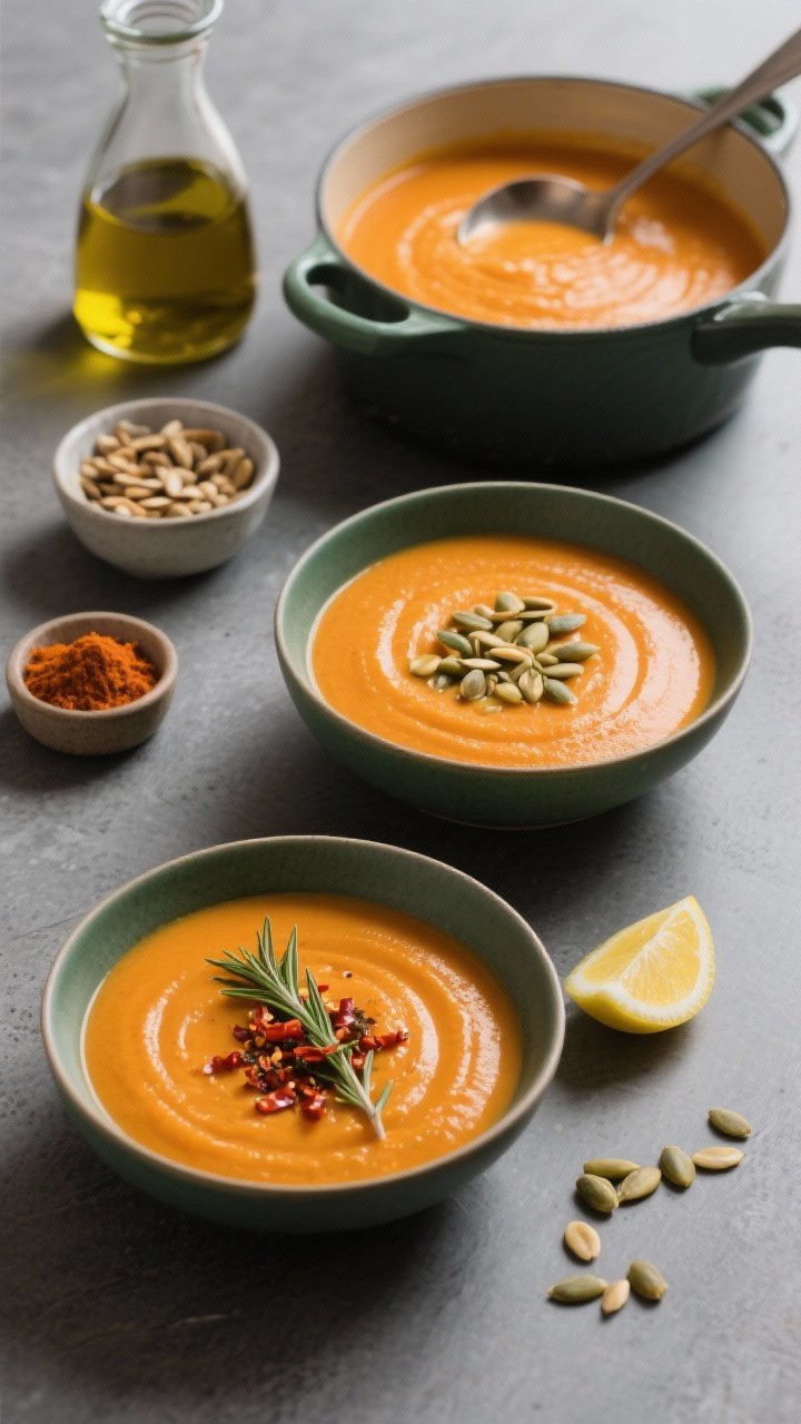 Overhead “tasty top view” spread: Top-down shot of two bowls of roasted pumpkin soup on a slate-