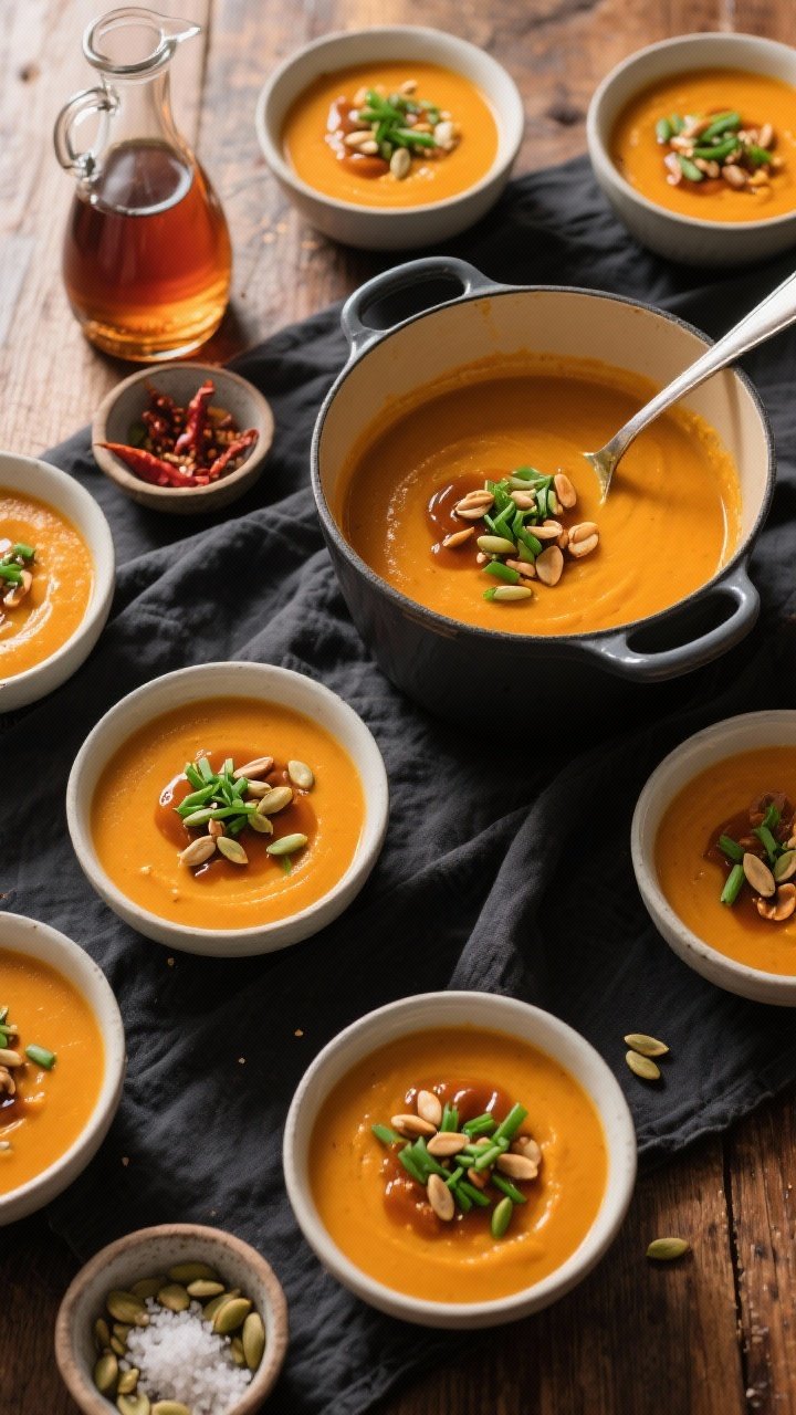 Overhead top-down shot of the finished pumpkin soup for a cozy dinner spread: multiple bowls arrange