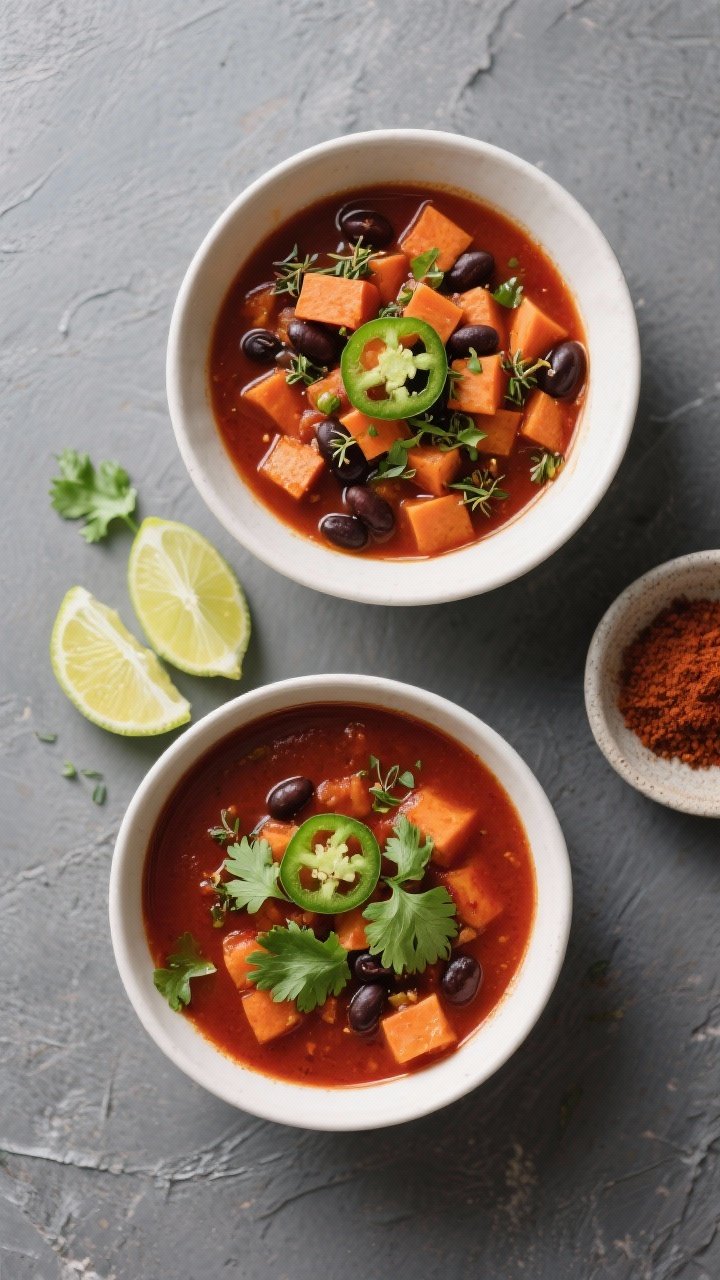 Overhead top view, finish: Top-down shot of two bowls on a slate-gray surface, showing the soup’s