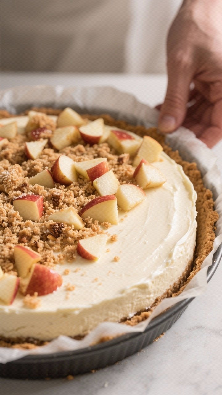 Process-in-action (no people visible): Cheesecake layer smoothed over the pre-baked graham crust in