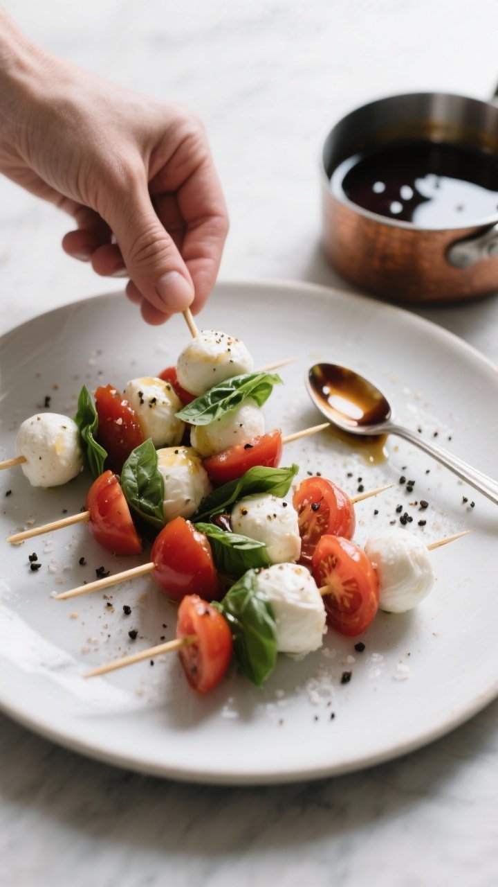 Process moment: Caprese salad skewers being finished on a platter, focusing on the final seasoning s