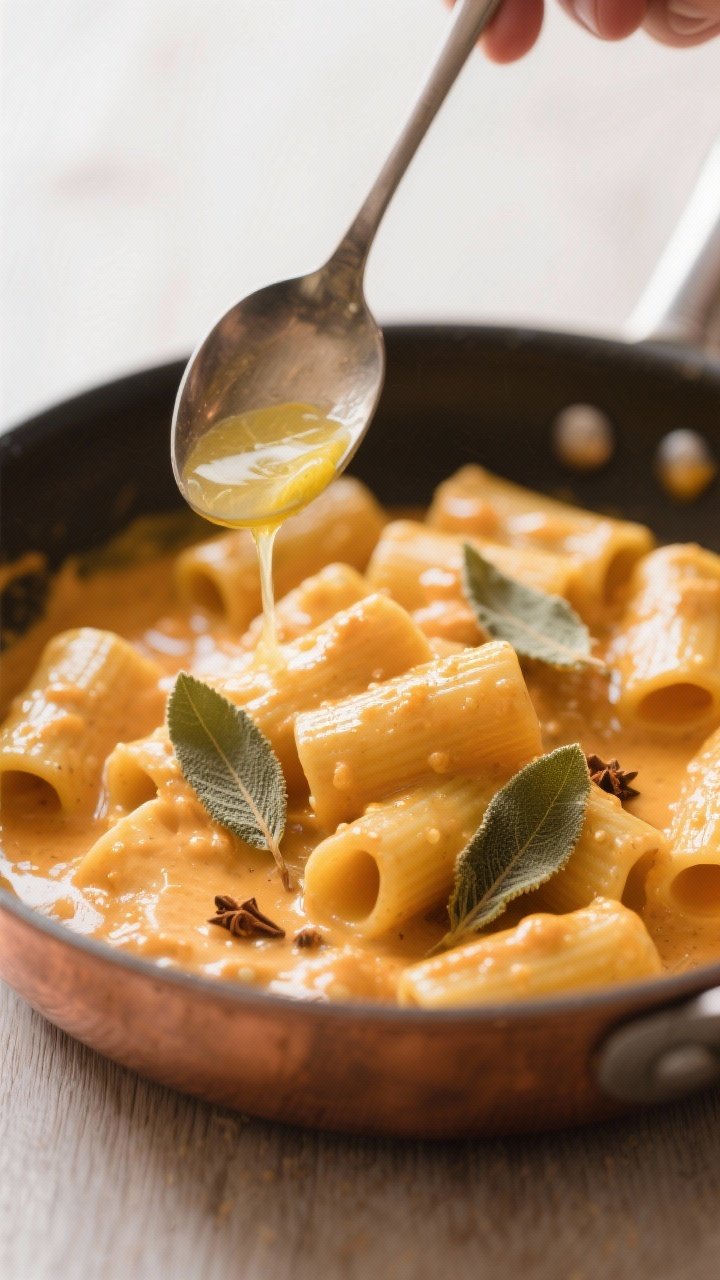 Process-to-plate transition close-up: Rigatoni coated in pumpkin Alfredo just after finishing with l