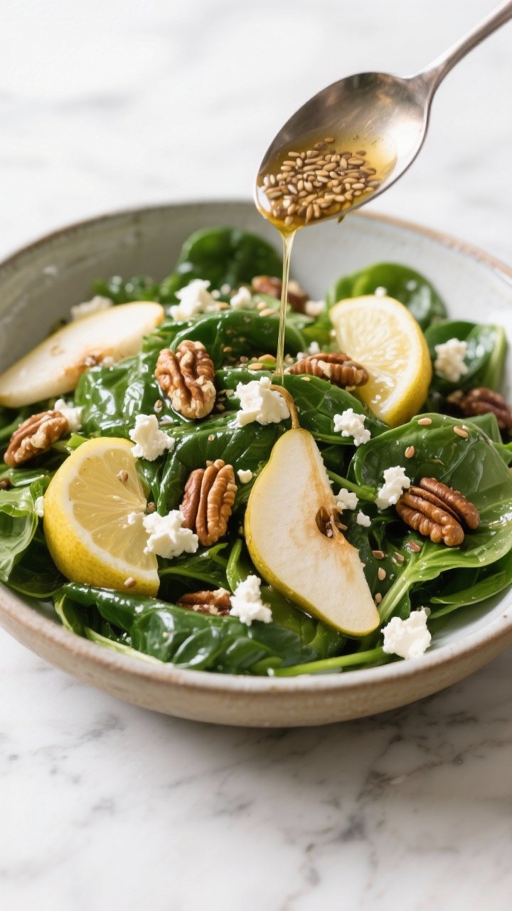 Tasty : Overhead shot of the assembled salad mid-serve in a large ceramic bowl, showing evenly dress