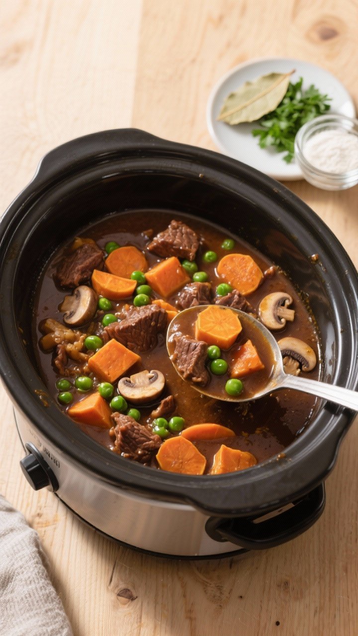 Tasty : overhead shot of the finished stew in the slow cooker with a ladle lifting a scoop to showca