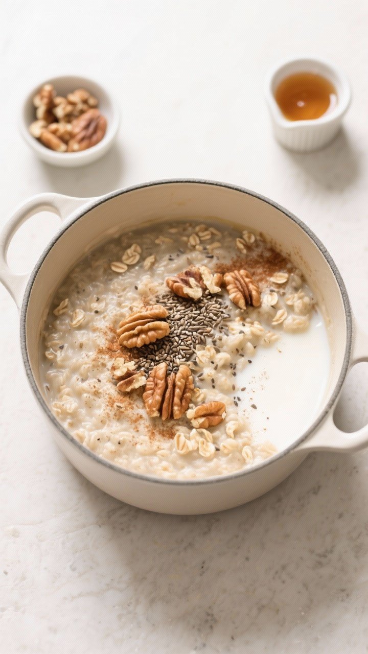 Tasty top-down overhead: Overhead shot of a thick, creamy oatmeal finish in the pot, just off heat,