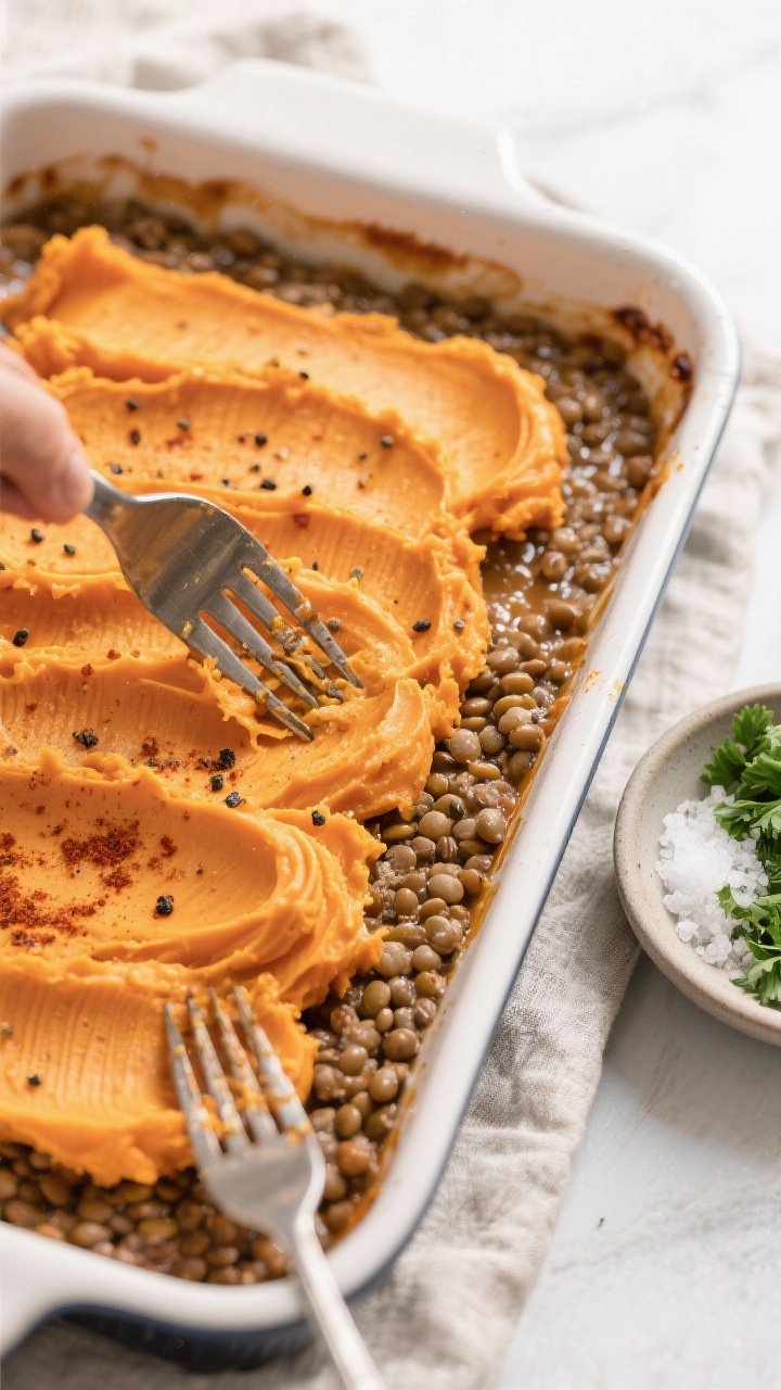 Tasty top view, assembly stage: Overhead shot of a 9x13 baking dish as the lentil mixture is fully s