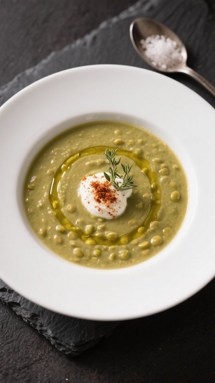 Tasty top view, creamy-blended version: Overhead shot of a silky, blended split pea soup with a glos