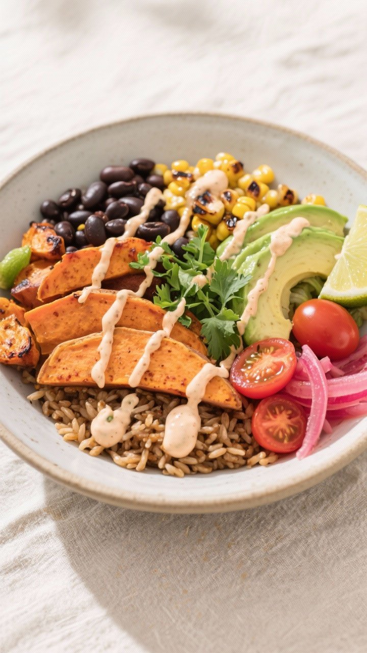 Tasty top view final dish: Overhead shot of Sweet Potato and Black Bean Burrito Bowl—neat layers o