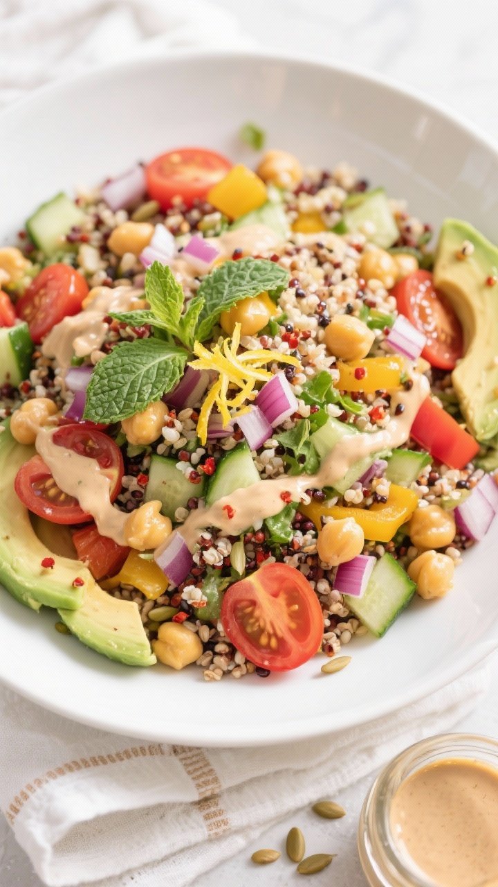 Tasty top view final dish: Overhead shot of the Chickpea and Quinoa Salad fully assembled in a wide,
