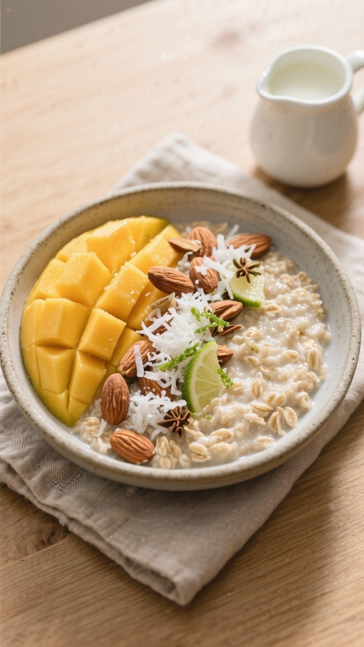 Tasty top view, final plated: Overhead shot of a beautifully plated bowl of Coconut Mango Oatmeal ar