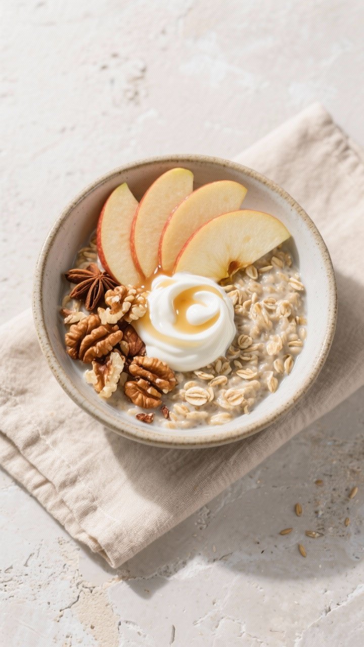 Tasty top view, final presentation: Overhead shot of apple cinnamon overnight oats served in a wide,