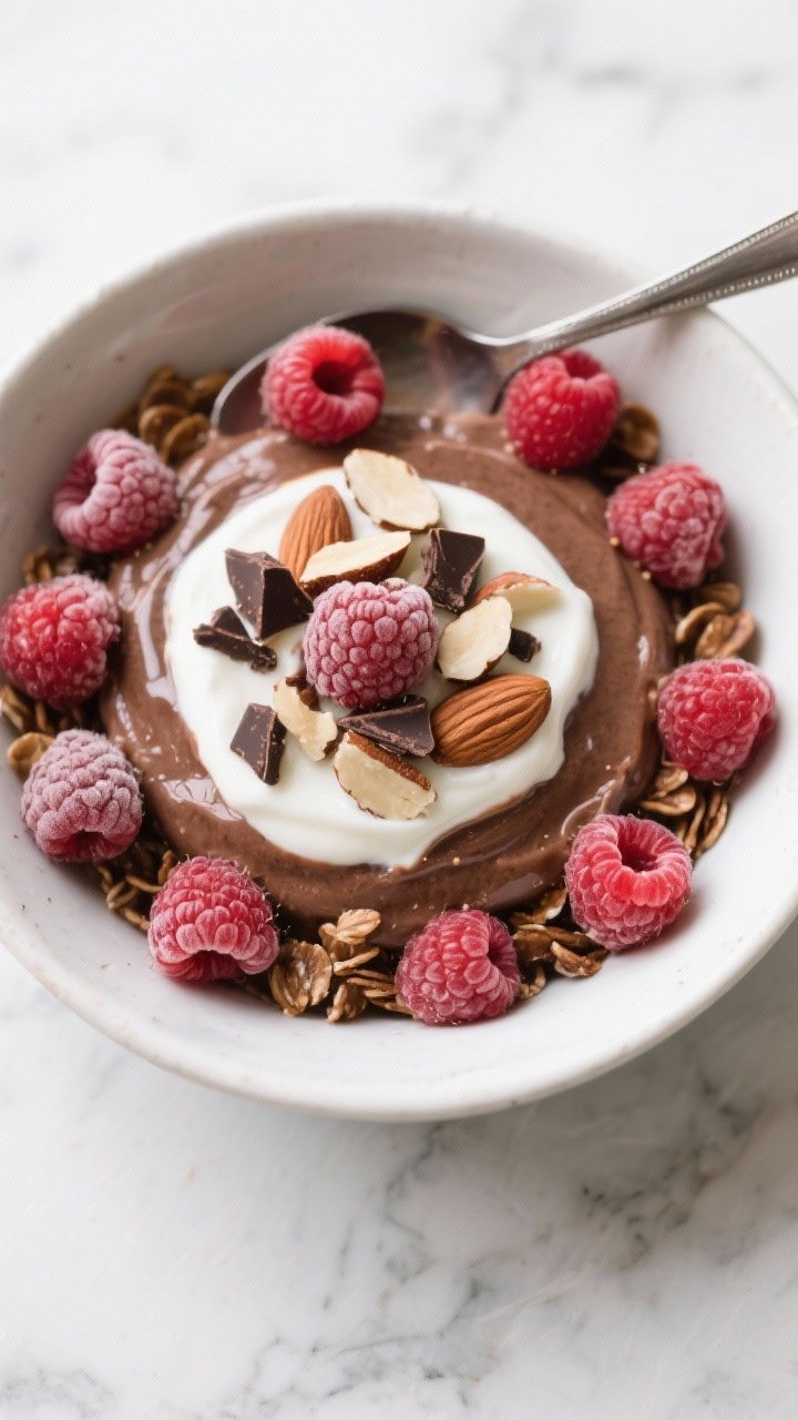 Tasty top view, macro details: Overhead shot of an “Overnight Version” parfait-style bowl—chil