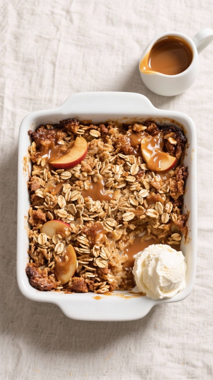Tasty top view: Overhead shot of a 9x9 pan of baked Caramel Apple Crisp, evenly bronzed oat topping