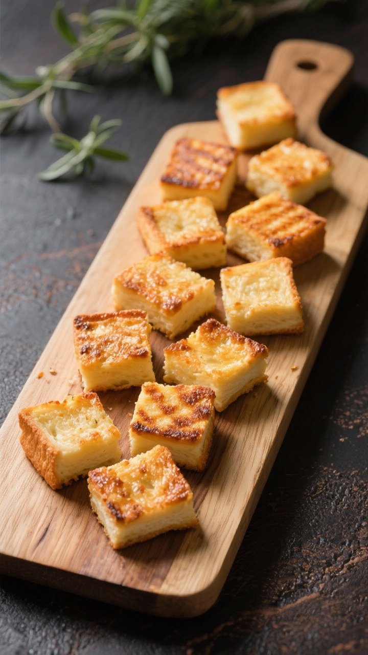 Tasty top view: Overhead shot of a board of bite-size grilled cheese squares (