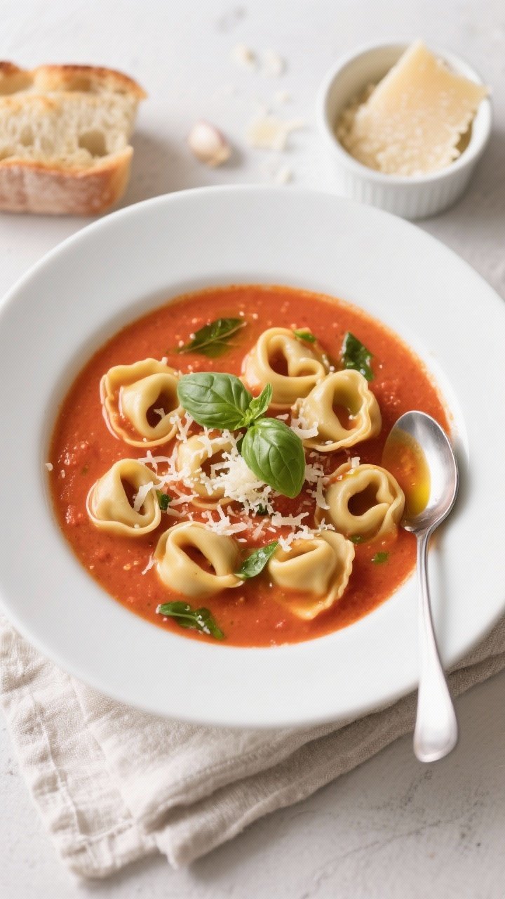 Tasty top view: Overhead shot of a bowl of Creamy Tomato Basil Tortellini Soup with a lush, coral-re