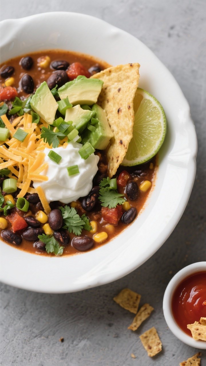 Tasty top view: Overhead shot of a bowl of finished Black Bean and Corn Taco Soup, garnished “taco