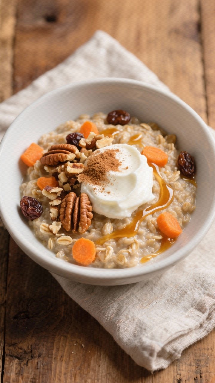 Tasty top view: Overhead shot of a bowl of High Fiber Carrot Cake Oatmeal styled like dessert—thic