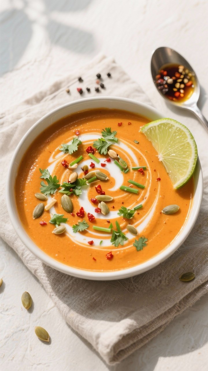 Tasty top view: Overhead shot of a bowl of High Fiber Carrot Ginger Coconut Soup, glossy and vibrant