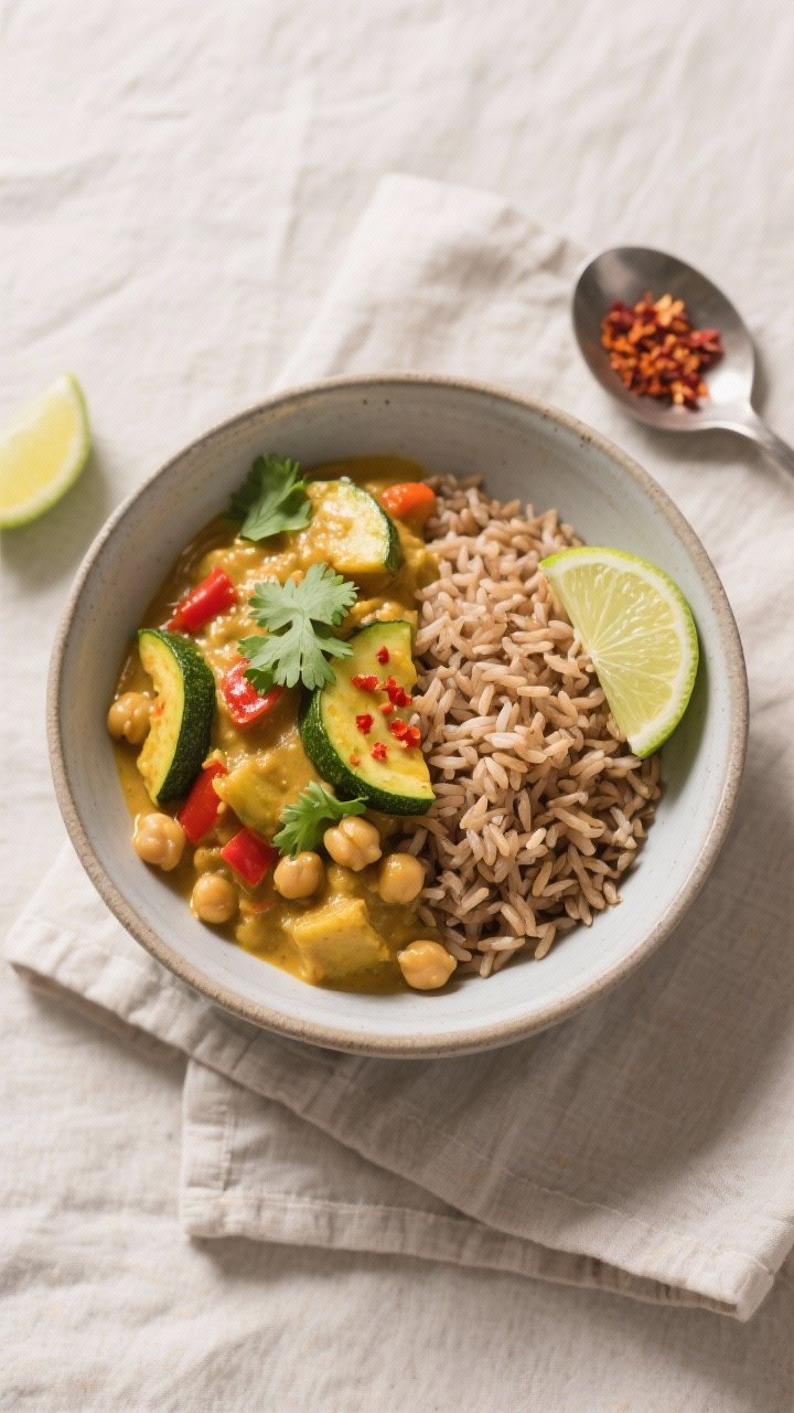 Tasty top view: Overhead shot of a bowl of high-fiber vegetable curry served over fluffy brown rice,