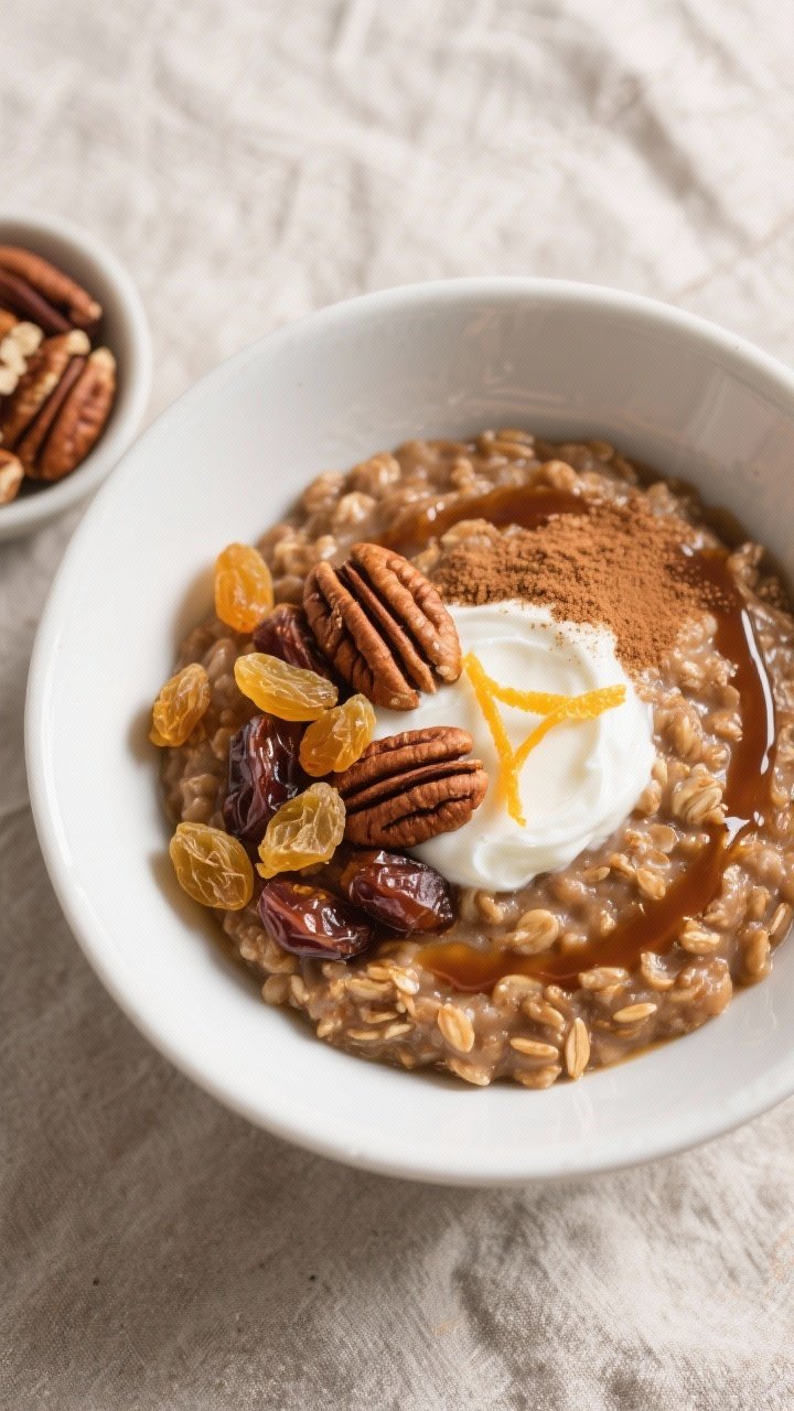 Tasty top view – Overhead shot of a cozy bowl of High Fiber Gingerbread Oatmeal: rich caramel-brow