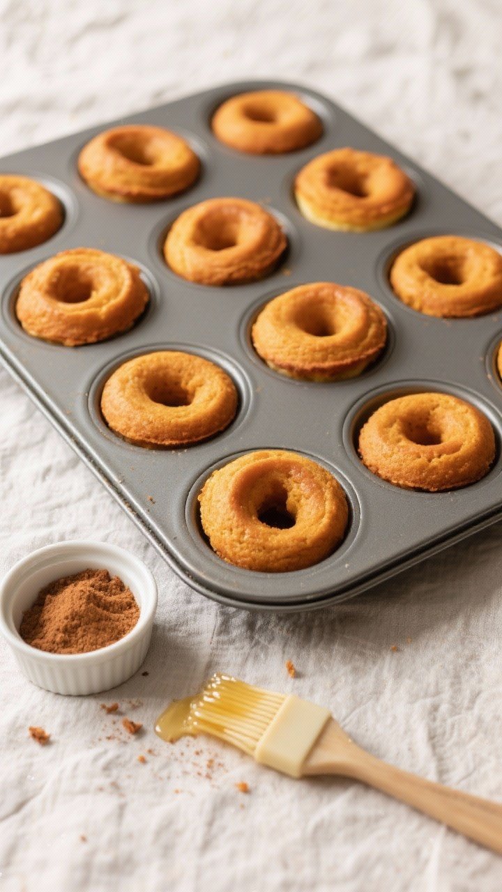 Tasty top view: Overhead shot of a dozen freshly baked pumpkin donuts arranged in a standard donut p