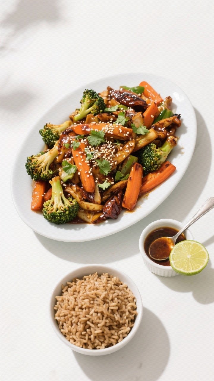 Tasty top view: Overhead shot of a family-style platter of the finished stir-fry next to a separate