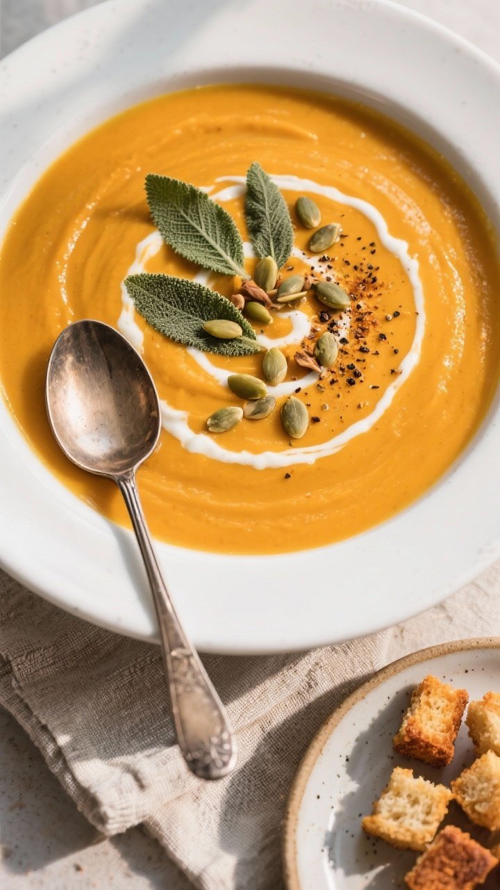 Tasty top view: Overhead shot of a finished bowl of pumpkin–butternut squash soup with a perfect c
