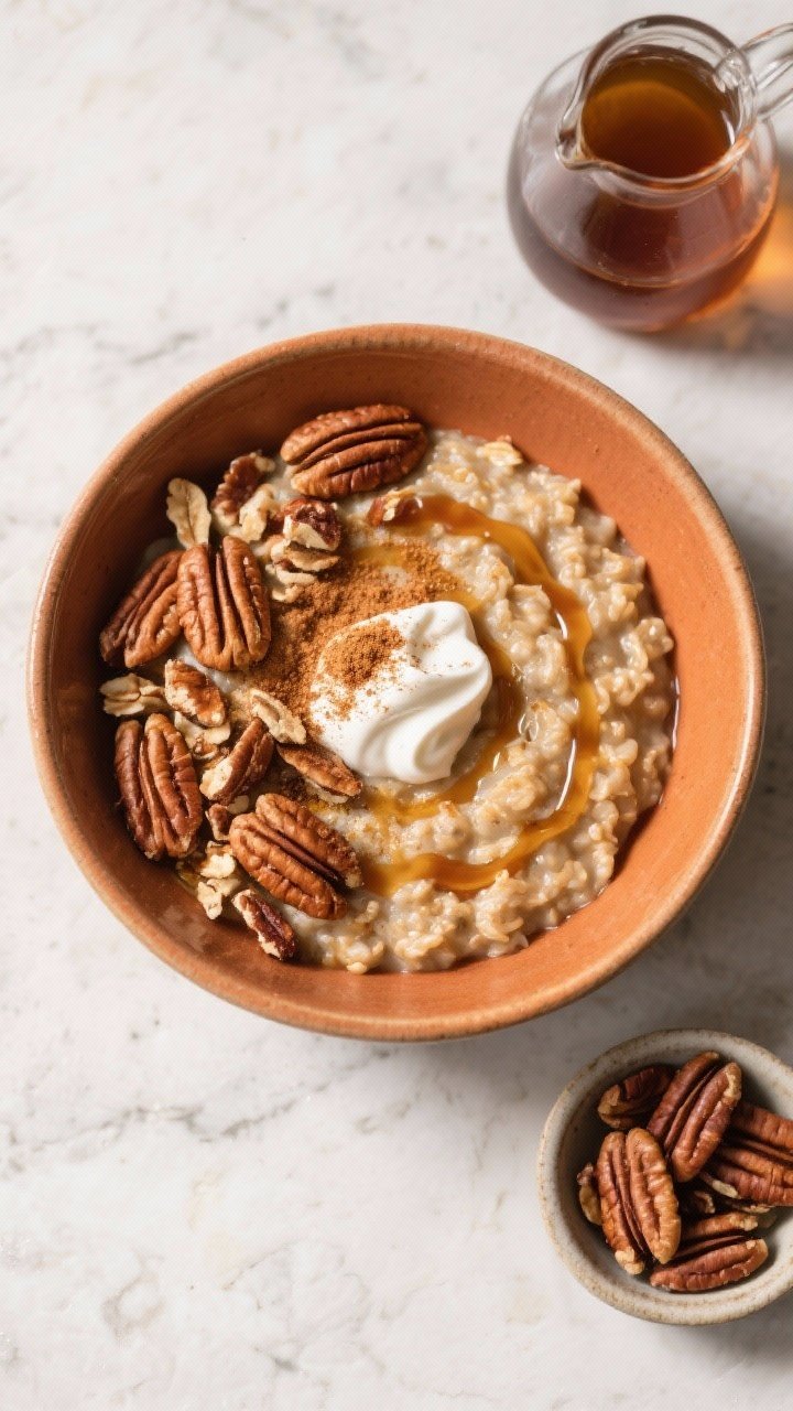 Tasty top view: Overhead shot of a finished bowl of Pumpkin Pie Oatmeal topped with a generous scatt