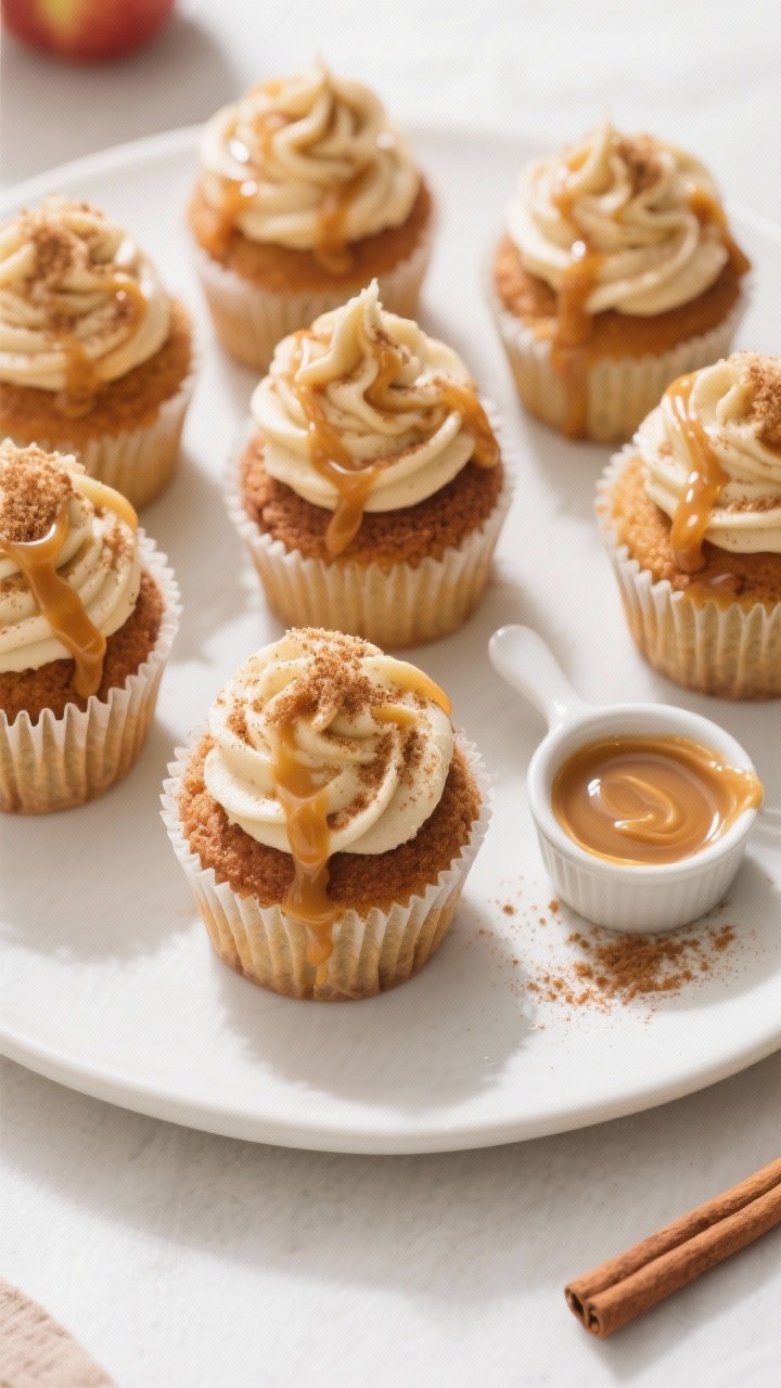 Tasty top view: Overhead shot of a finished set of Apple Cider Cupcakes with Caramel Drizzle arrange