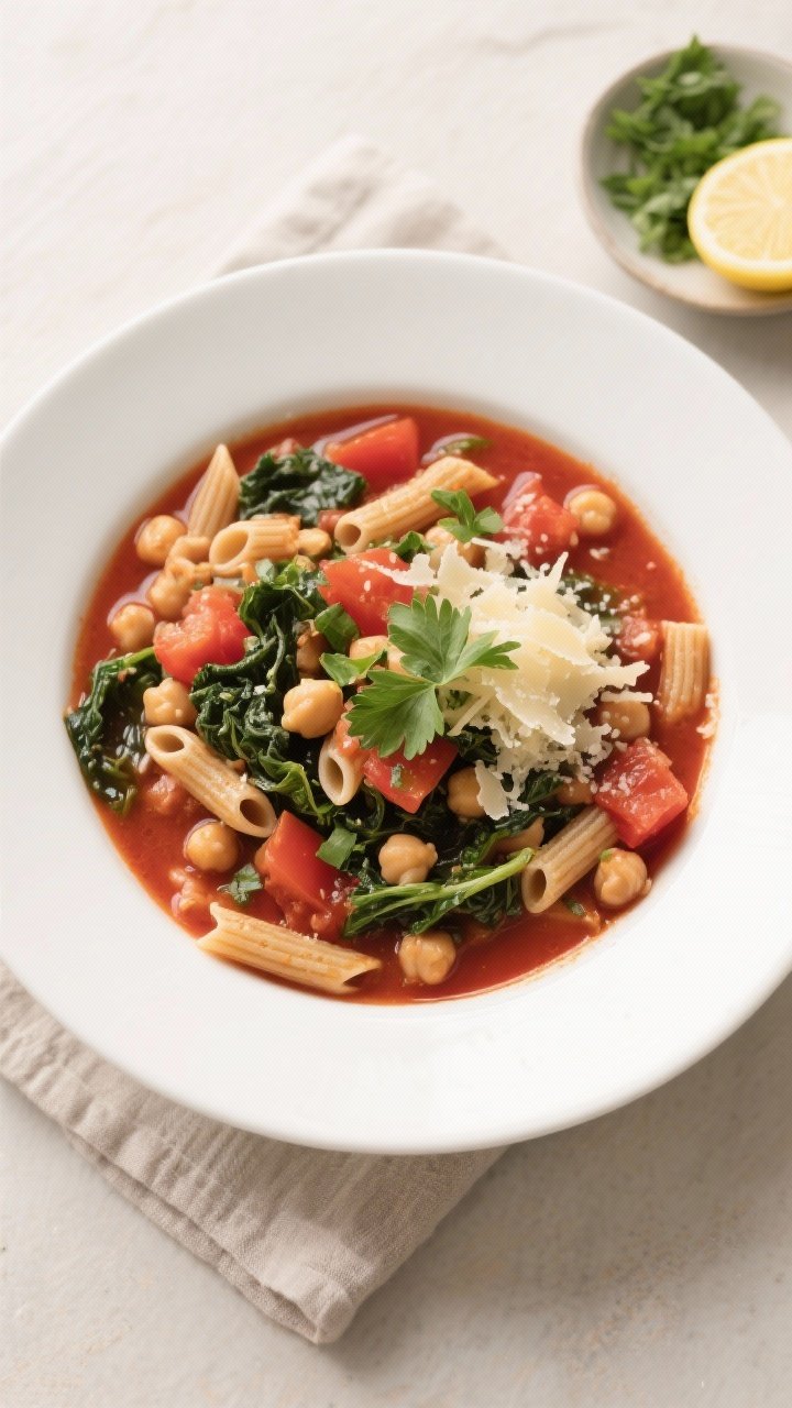 Tasty top view: Overhead shot of a hearty bowl of High-Fiber Minestrone with whole wheat ditalini, c