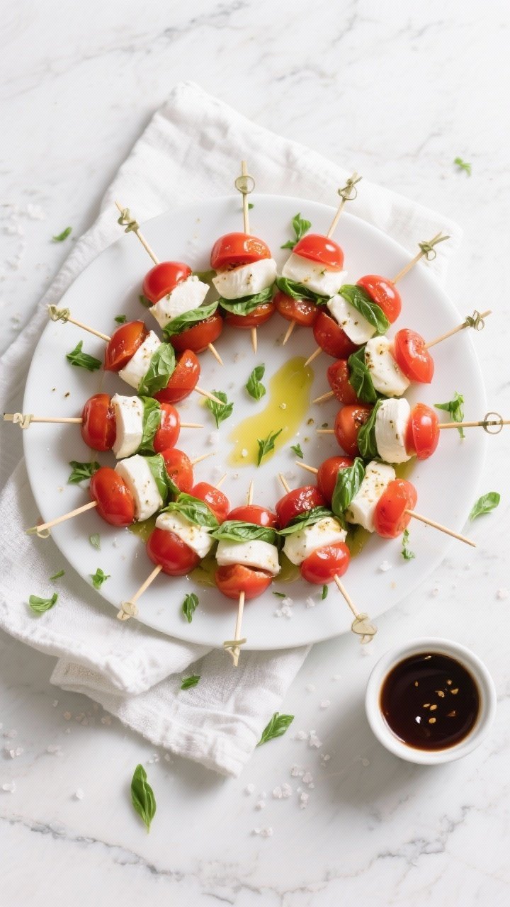 Tasty top view: Overhead shot of a large platter of Caprese salad skewers neatly arranged in a radia