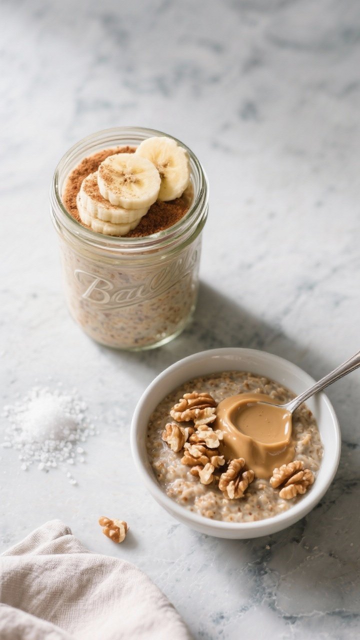 Tasty top view: Overhead shot of a mason jar and a small bowl of Banana Bread Overnight Oats finishe