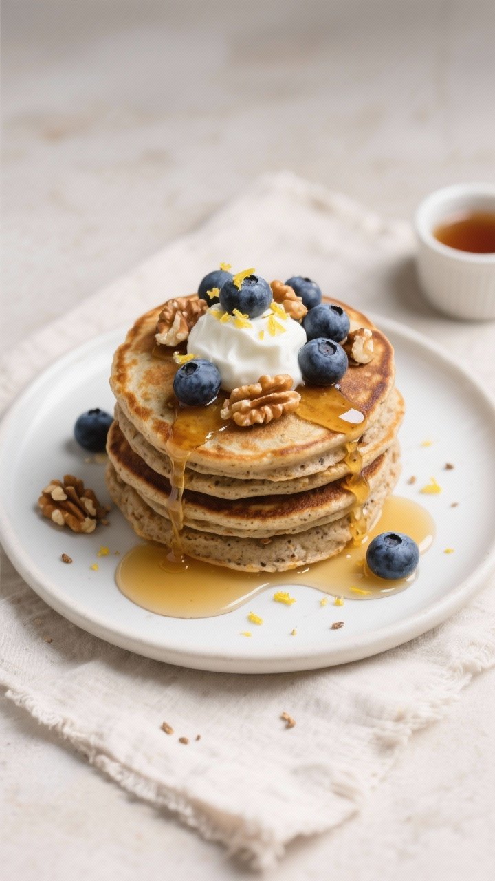 Tasty top view: Overhead shot of a neat stack of whole grain flaxseed blueberry pancakes on a matte