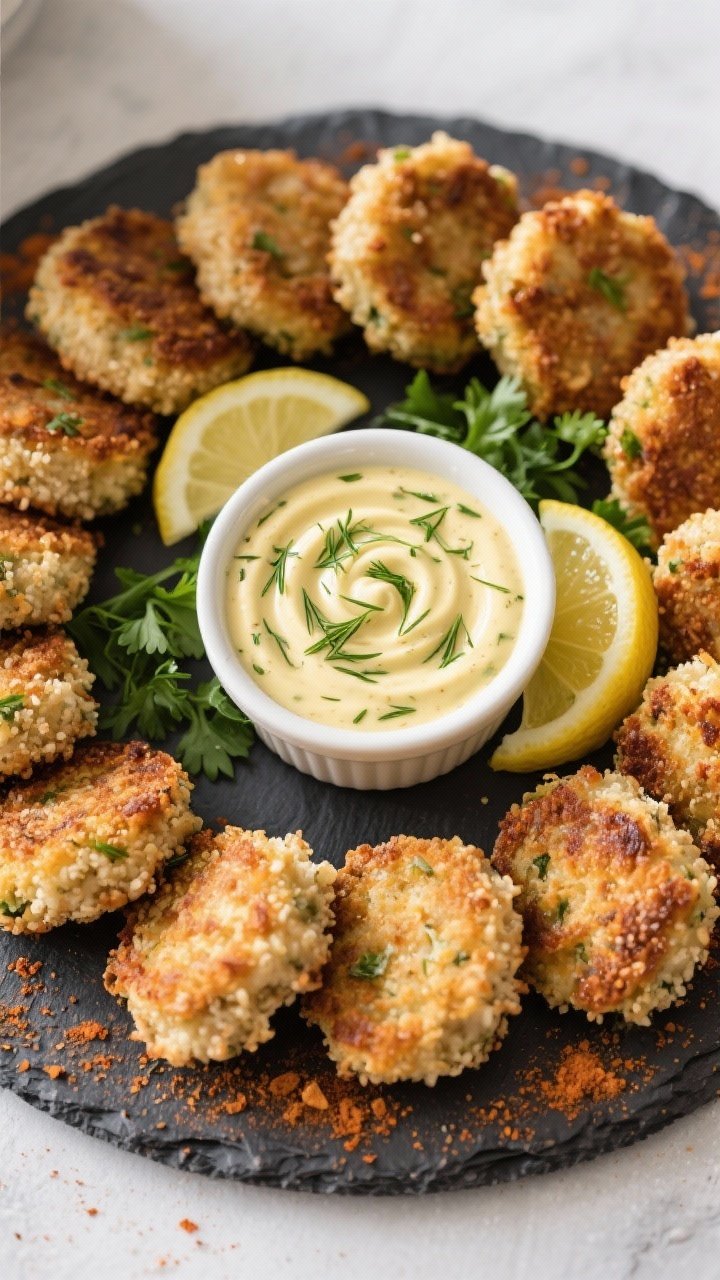 Tasty top view: Overhead shot of a party platter of mini crab cakes arranged in a loose spiral on a