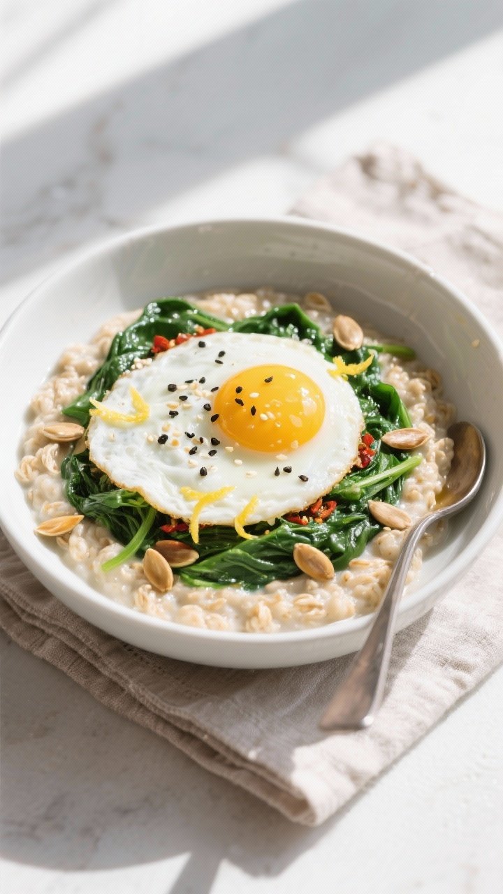 Tasty top view: Overhead shot of a Savory Spinach and Egg Oatmeal Bowl just plated—creamy oats swi
