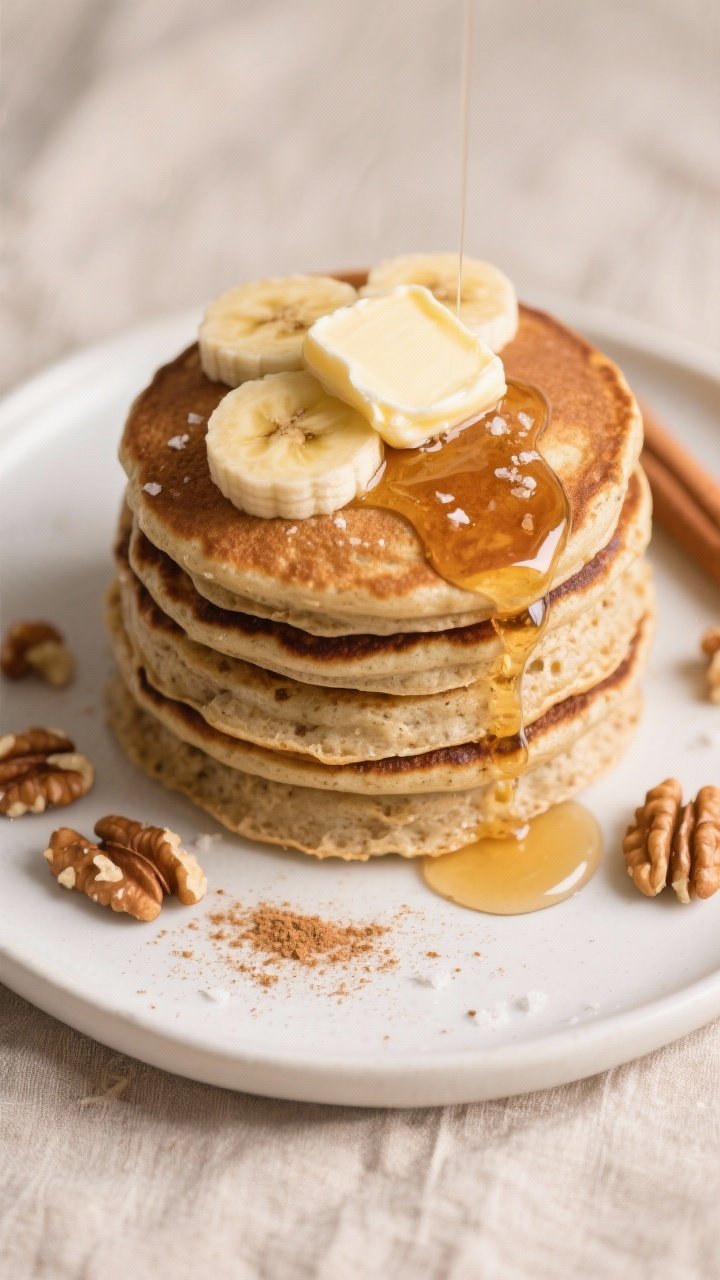 Tasty top view: Overhead shot of a tall stack of Cinnamon Banana Bran Pancakes on a matte white plat
