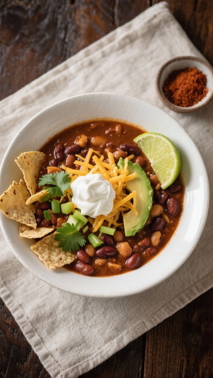 Tasty top view: Overhead shot of a thick, chili-forward bowl of Three-Bean Chili Soup plated in a wi
