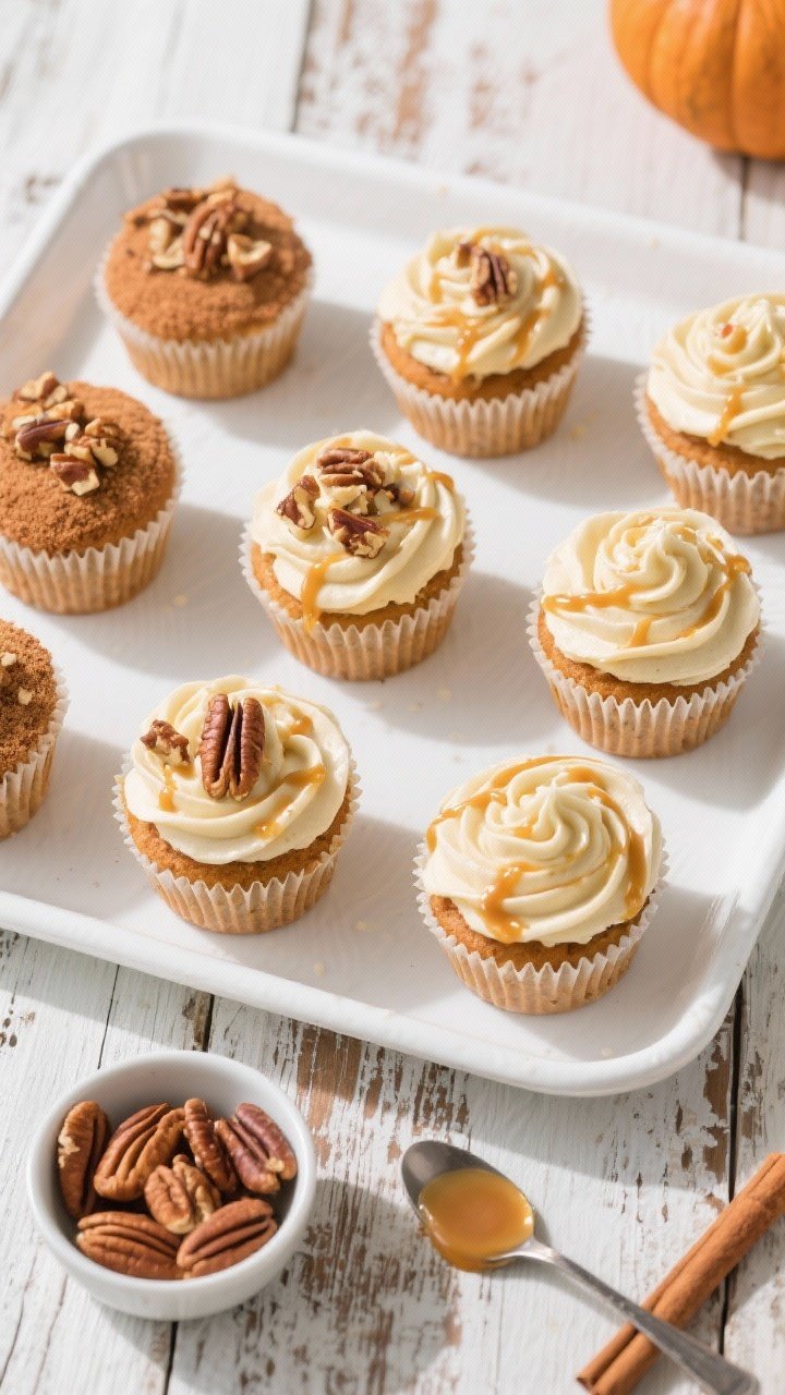 Tasty top view: Overhead shot of a tray of fully frosted pumpkin spice cupcakes in paper liners, bak