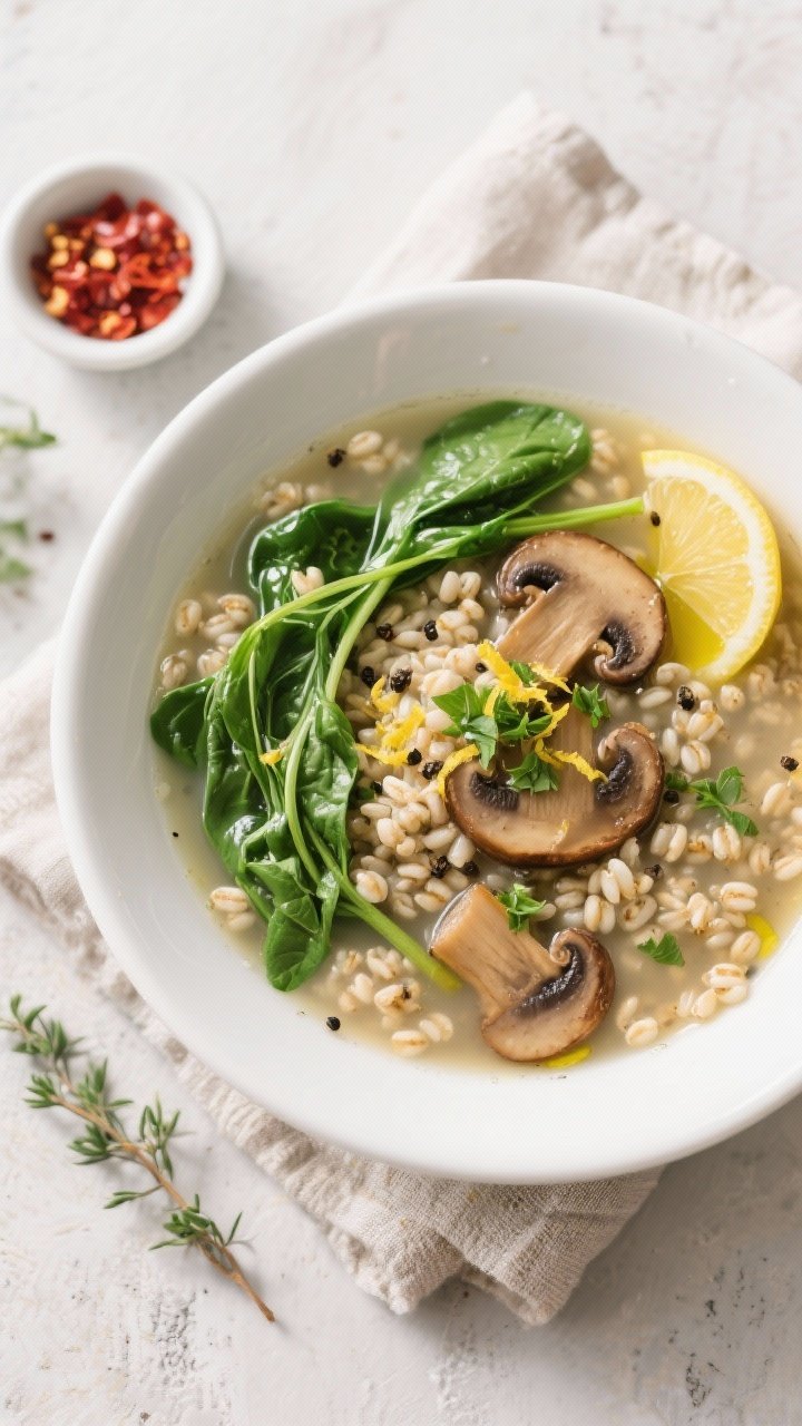 Tasty top view: Overhead shot of barley and mushroom soup at peak finish, plump pearl barley and ten