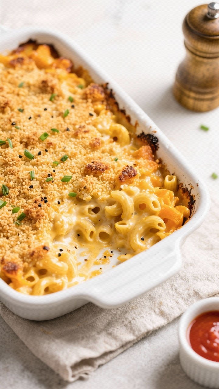 Tasty top view: Overhead shot of butternut squash mac and cheese just out of the oven with a golden