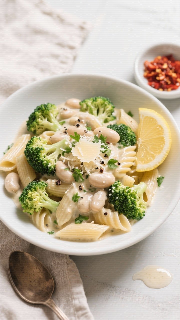 Tasty top view: Overhead shot of Creamy Broccoli & White Bean Pasta in a wide, shallow white bowl; r