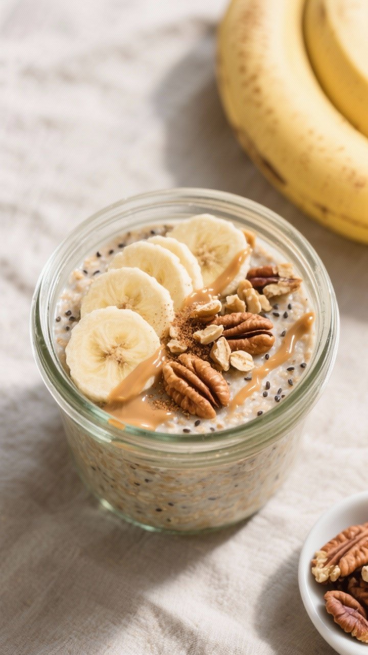 Tasty top-view: Overhead shot of finished Banana Nut Overnight Oats in an 8–12 oz glass jar, thick