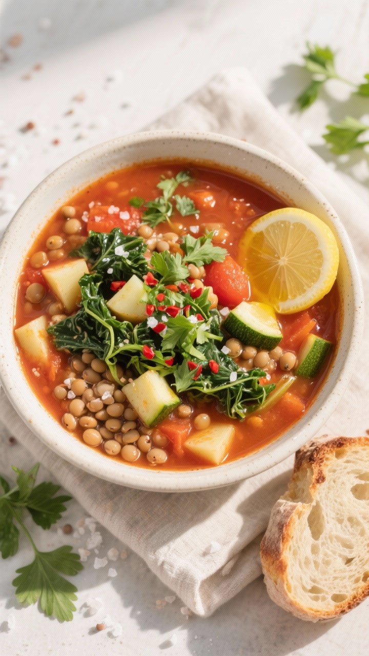 Tasty top view — Overhead shot of finished High-Fiber Lentil and Vegetable Soup ladled into a wide