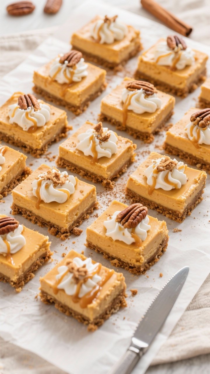 Tasty top view: Overhead shot of perfectly sliced pumpkin cheesecake bars arranged in a tight grid o