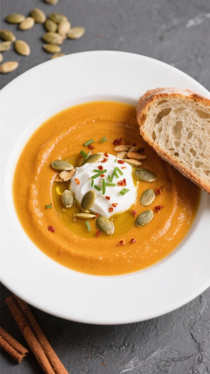 Tasty top view: Overhead shot of Pumpkin and Sweet Potato Soup with Cinnamon in a wide, white rimmed