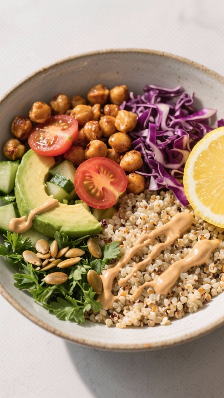 Tasty top view: Overhead shot of the assembled Roasted Chickpea and Quinoa Power Bowl in a wide shal