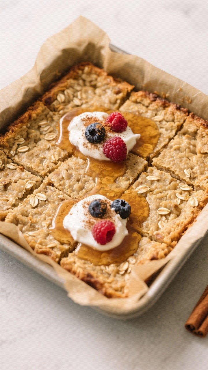 Tasty top view: Overhead shot of the baked oatmeal still in an 8x8 parchment-lined pan after resting
